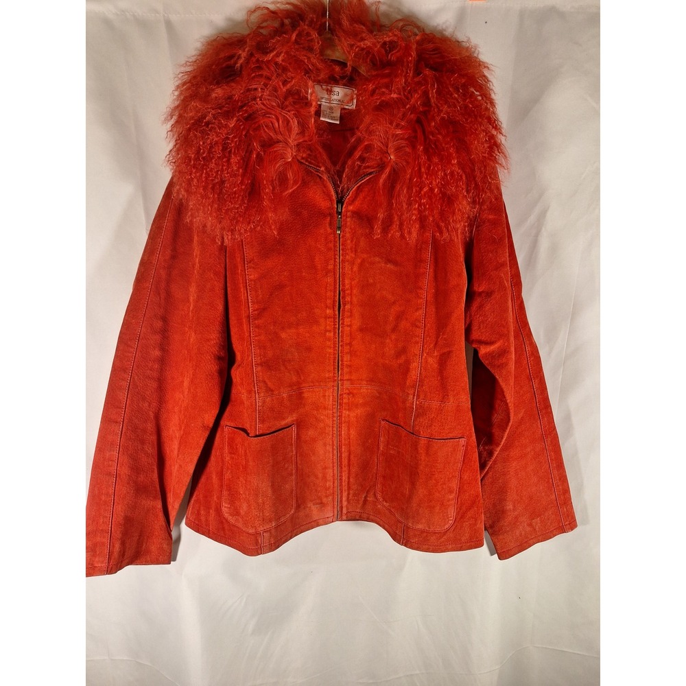 Lisa International Red Suede Jacket Mongolian Fur Collar Zip Front Womens M
